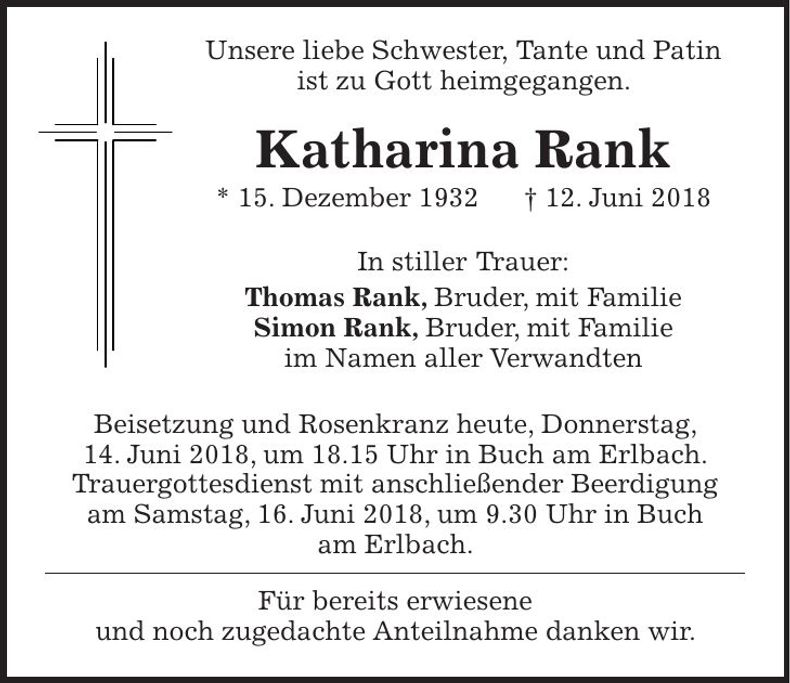 Traueranzeige Katharina Rank