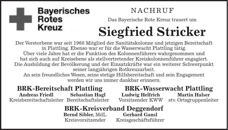 Traueranzeige Siegfried Stricker