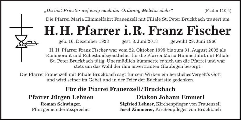 Traueranzeige Franz Fischer