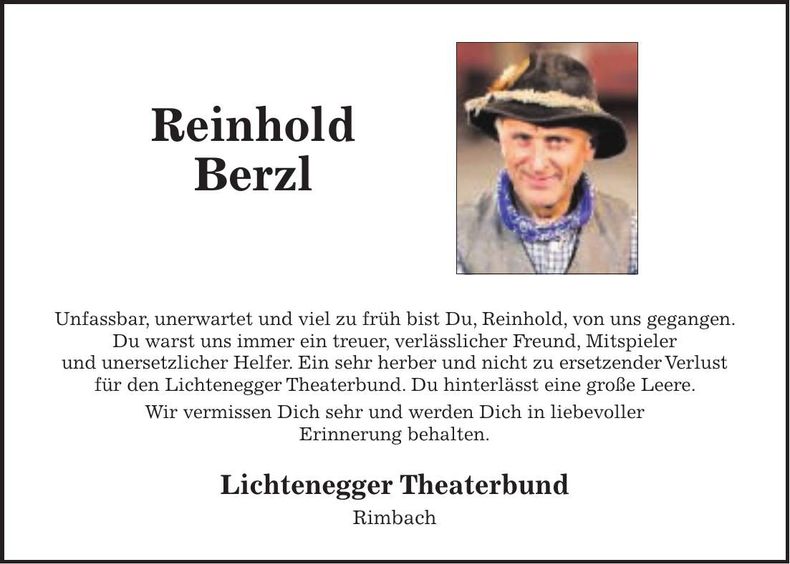 Traueranzeige Reinhold Berzl