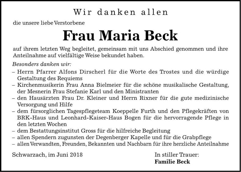 Traueranzeige Maria Beck