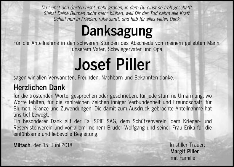 Traueranzeige Josef Piller