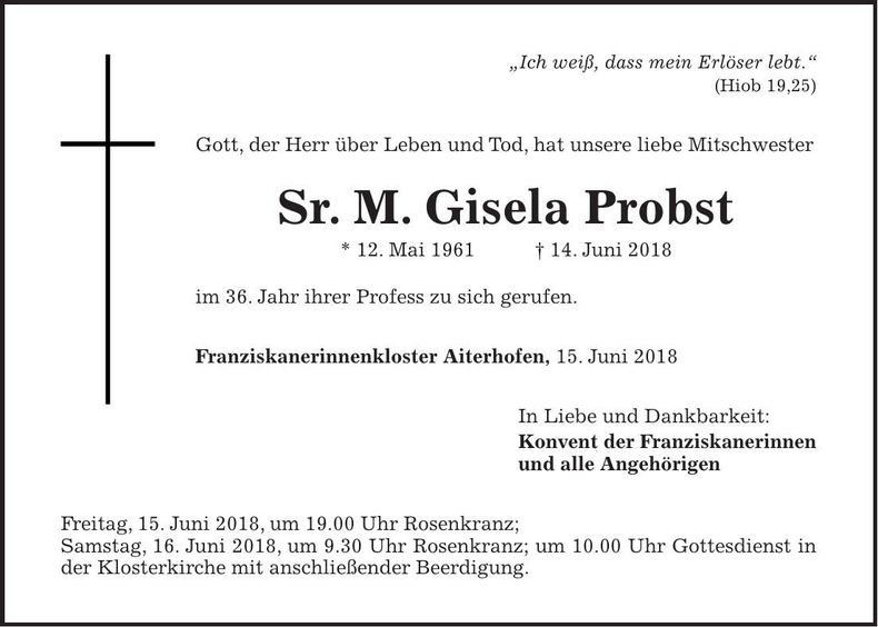 Traueranzeige Sr. M. Gisela Probst