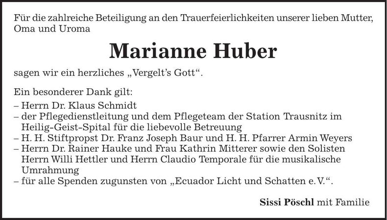Traueranzeige Marianne Huber