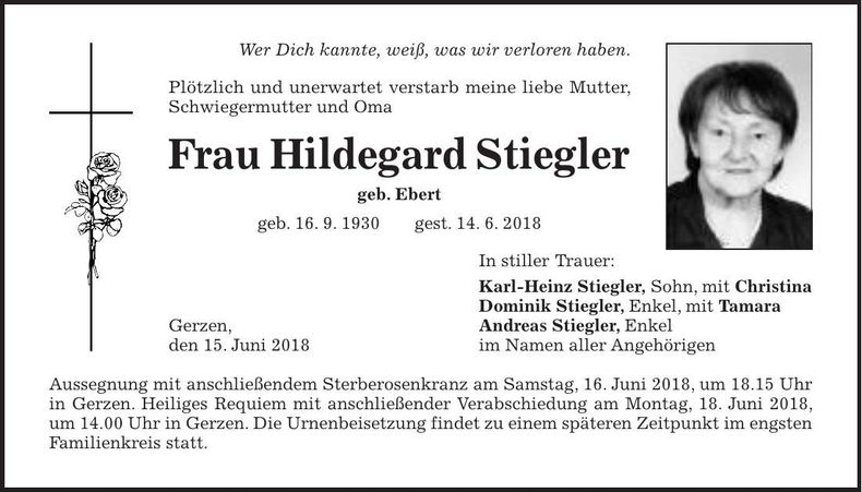 Traueranzeige Hildegard Stiegler