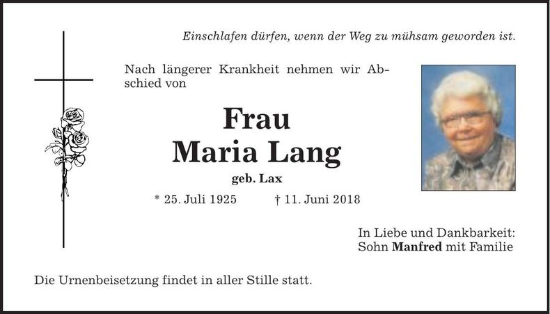 Traueranzeige Maria Lang