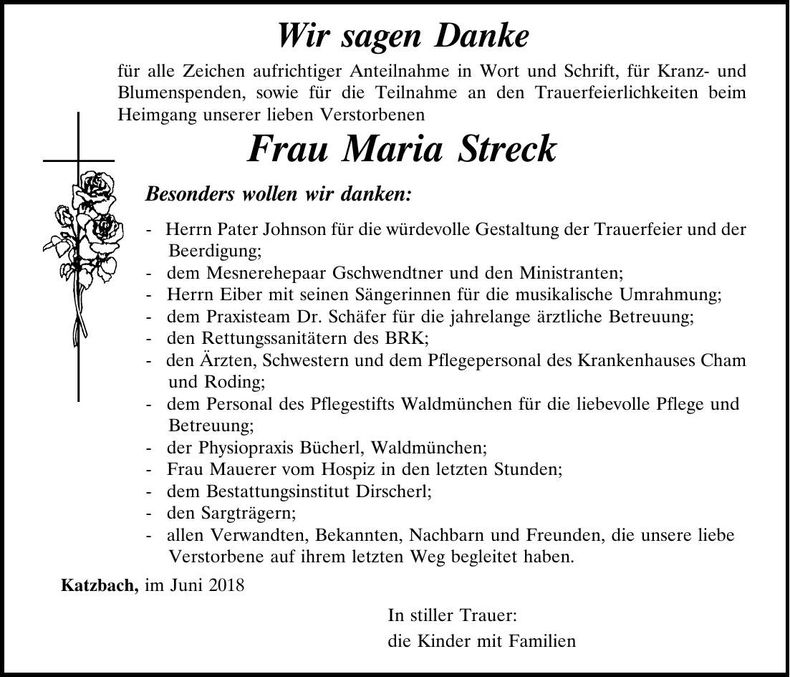 Traueranzeige Maria Streck