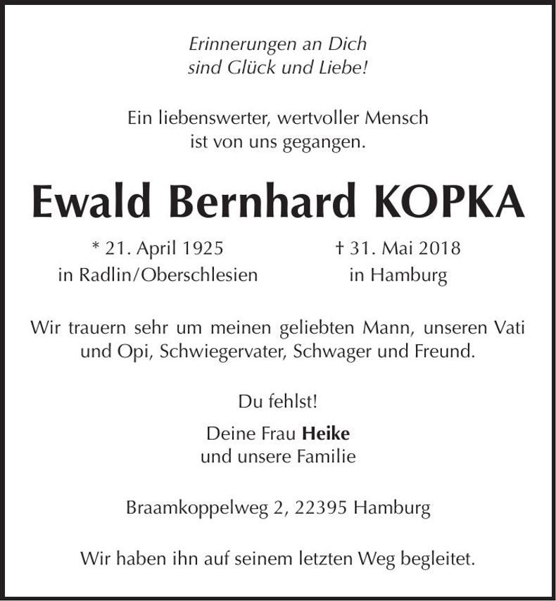 Traueranzeige Ewald Bernhard Kopka