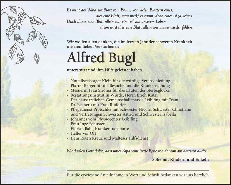 Traueranzeige Alfred Bugl