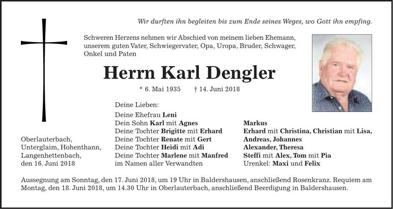 Traueranzeige Karl Dengler
