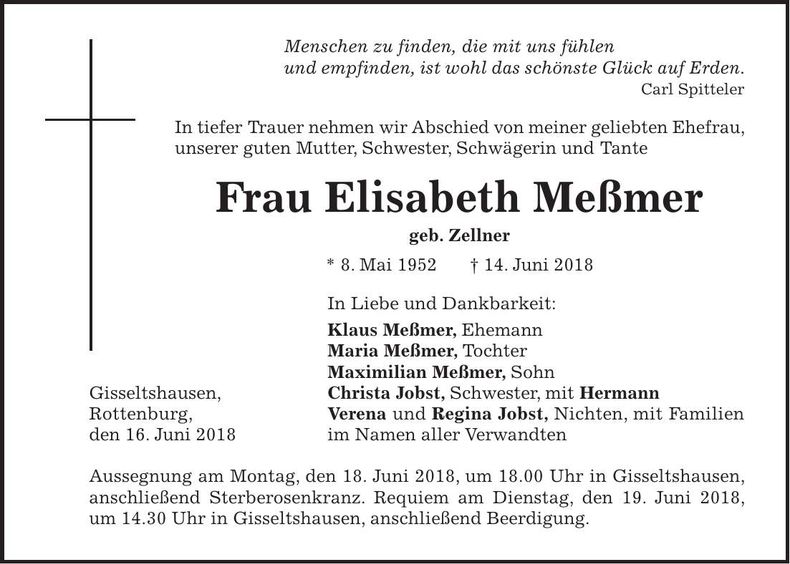 Traueranzeige Elisabeth Meßmer