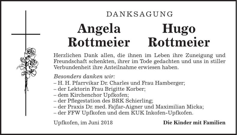 Traueranzeige Angela und Hugo Rottmeier
