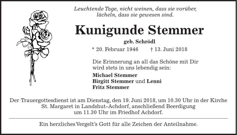 Traueranzeige Kunigunde Stemmer