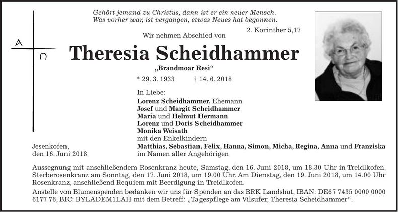 Traueranzeige Theresia Scheidhammer