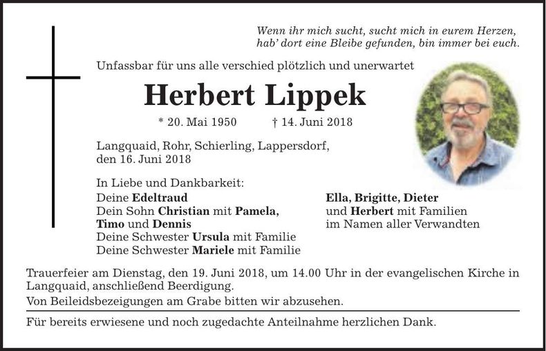 Traueranzeige Herbert Lippek