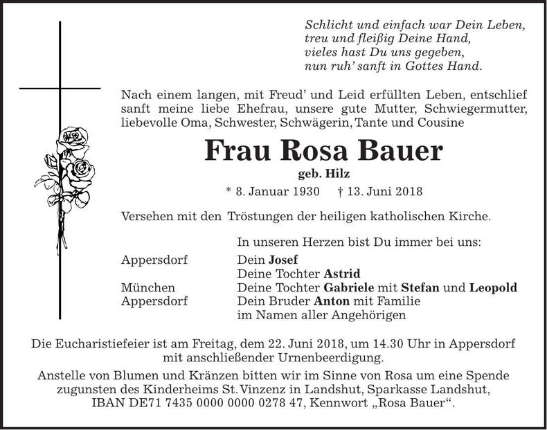 Traueranzeige Rosa Bauer