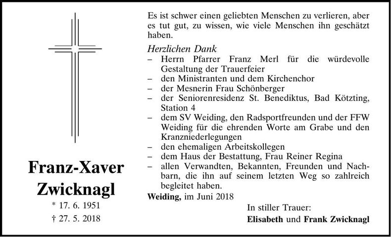 Traueranzeige Franz-Xaver Zwicknagl