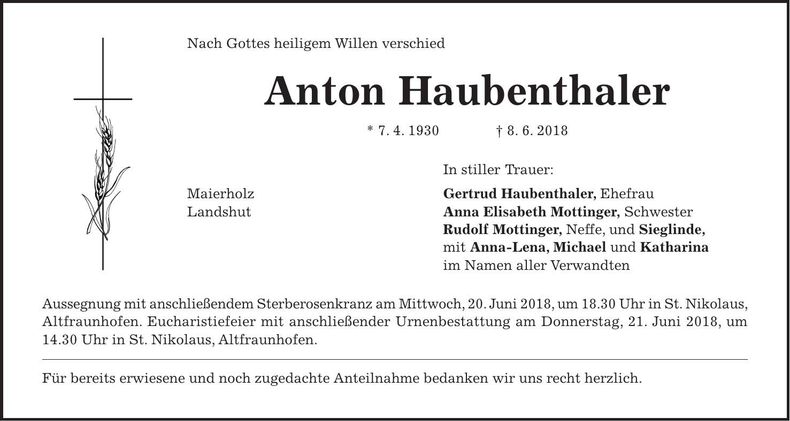 Traueranzeige Anton Haubenthaler