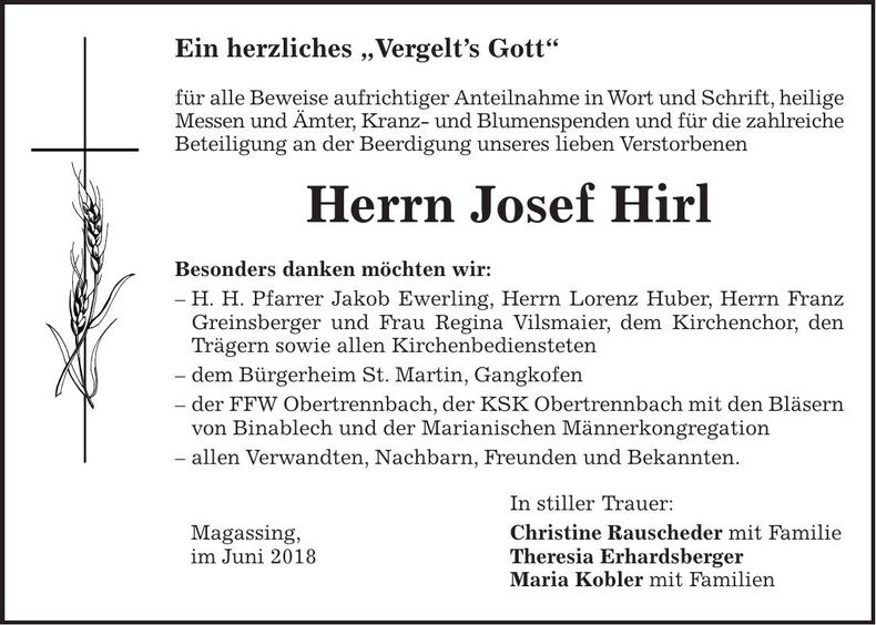 Traueranzeige Josef Hirl