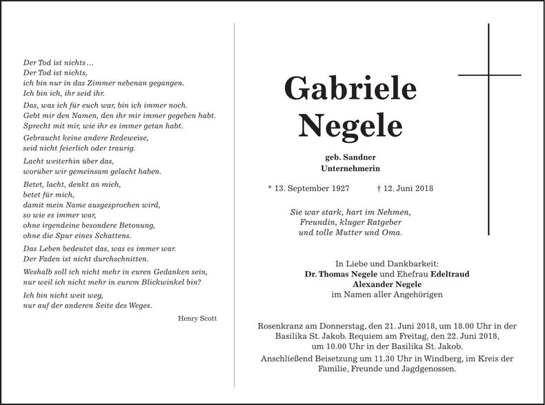 Traueranzeige Gabriele Negele