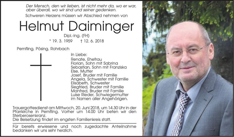 Traueranzeige Helmut Daiminger