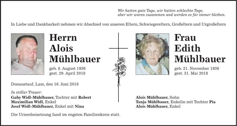 Traueranzeige Alois und Edith Mühlbauer