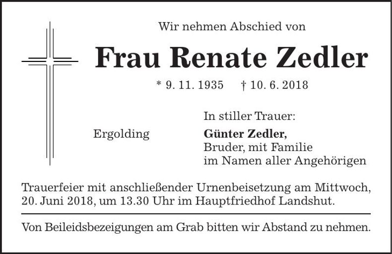 Traueranzeige Renate Zedler