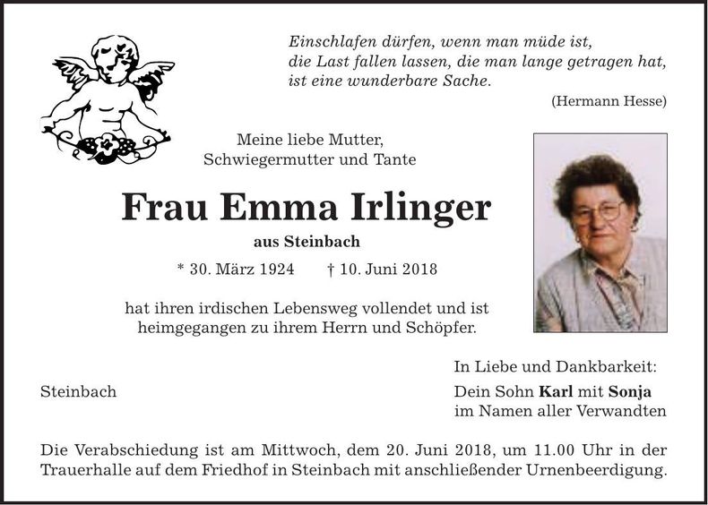 Traueranzeige Emma Irlinger