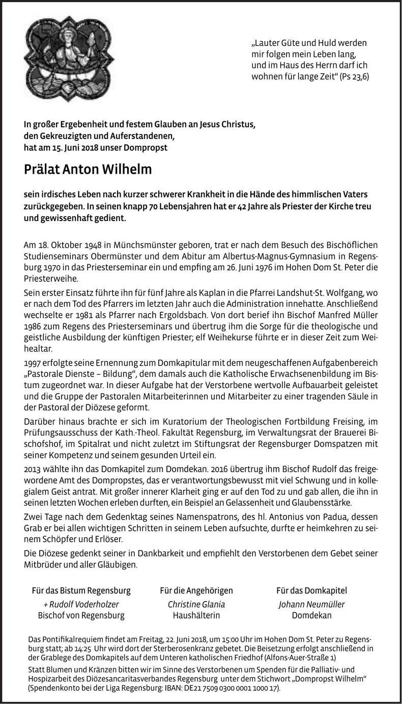 Traueranzeige Anton Wilhelm