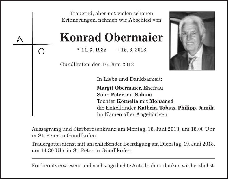 Traueranzeige Konrad Obermaier