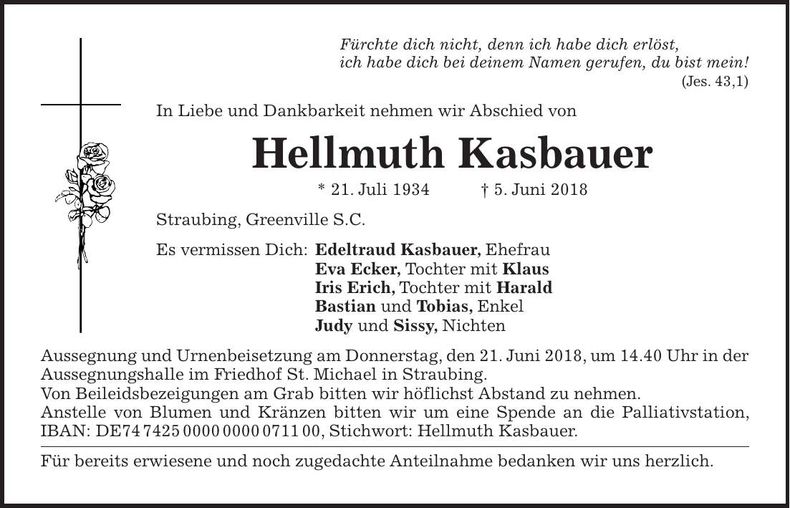 Traueranzeige Hellmuth Kasbauer