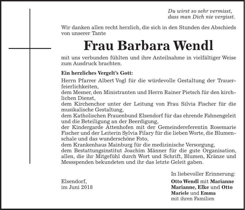 Traueranzeige Barbara Wendl