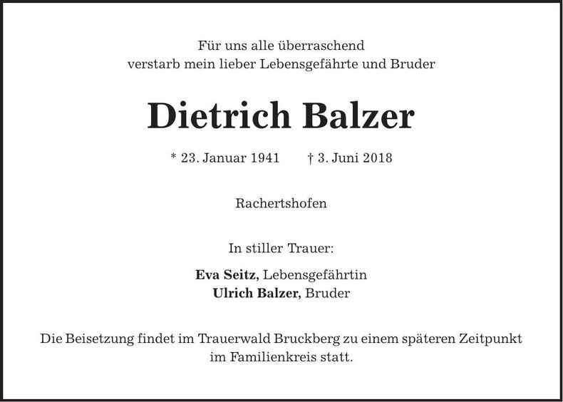 Traueranzeige Dietrich Balzer