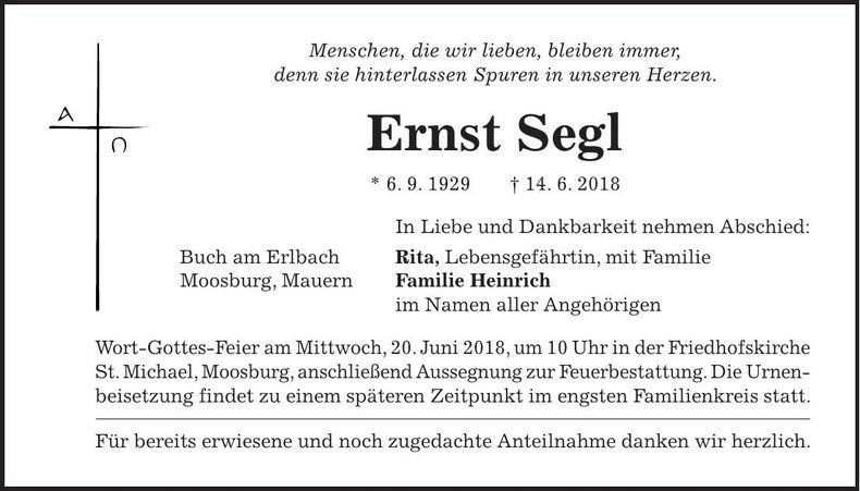 Traueranzeige Ernst Segl