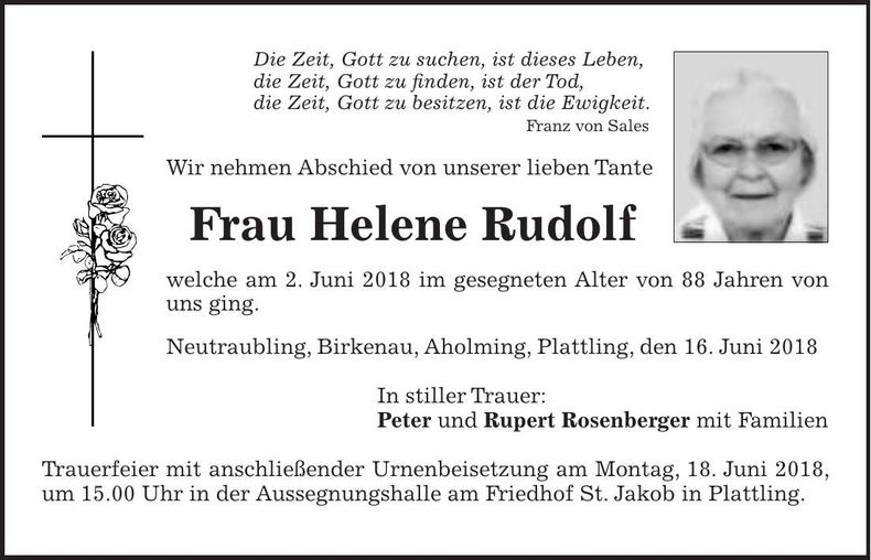 Traueranzeige Helene Rudolf