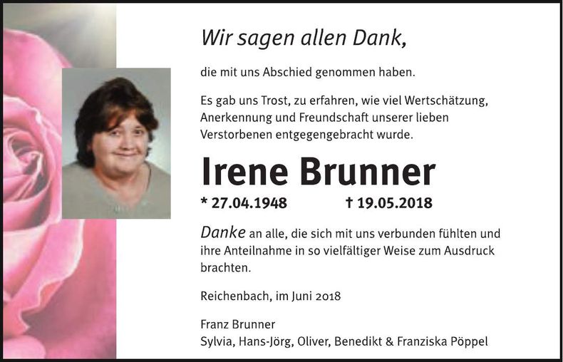 Traueranzeige Irene Brunner