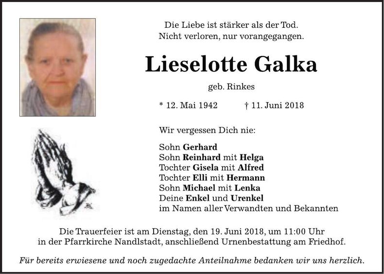 Traueranzeige Lieselotte Galka