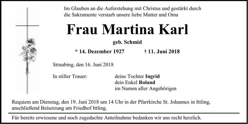 Traueranzeige Martina Karl