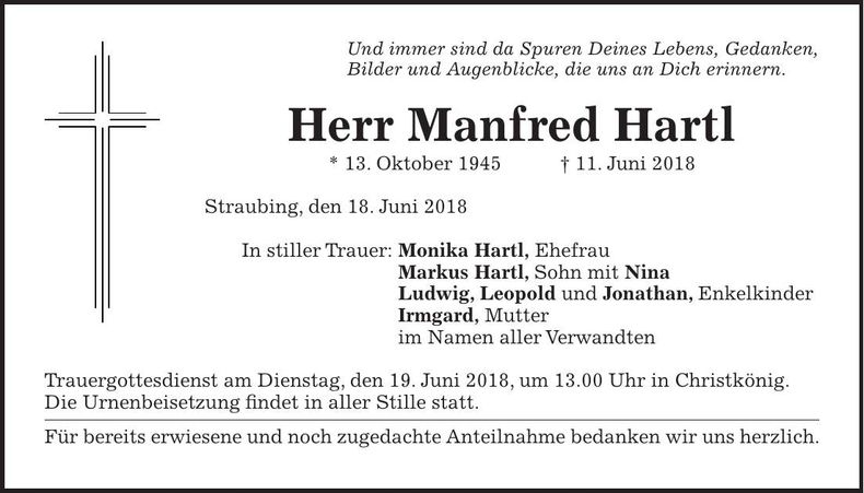 Traueranzeige Manfred Hartl