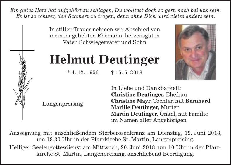 Traueranzeige Helmut Deutinger