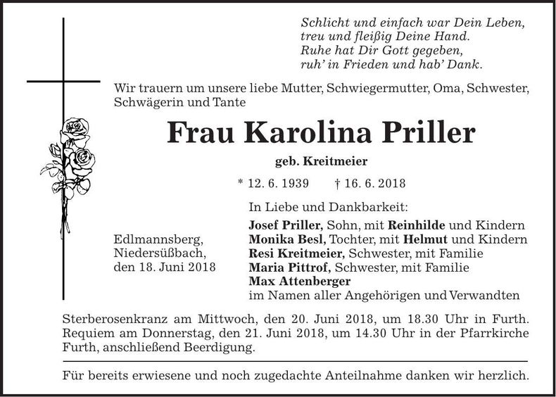 Traueranzeige Karolina Priller