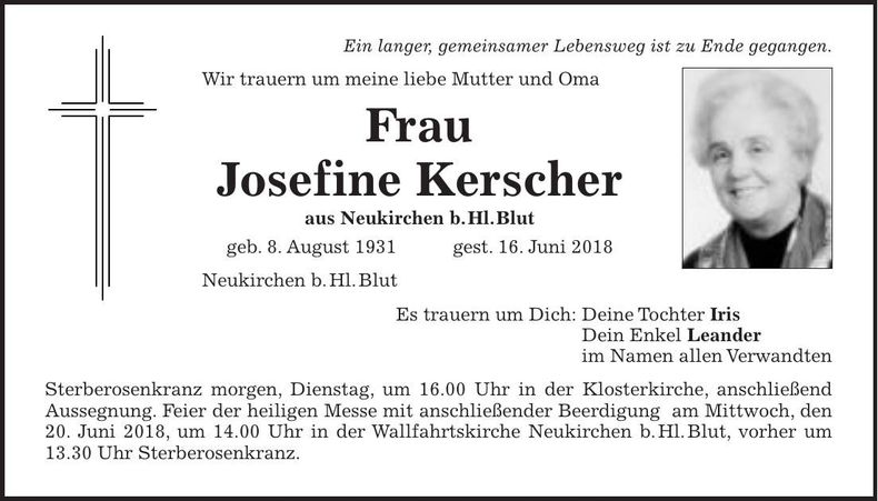 Traueranzeige Josefine Kerscher