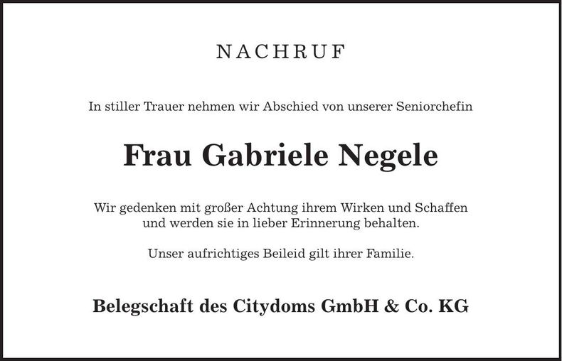 Traueranzeige Gabriele Negele