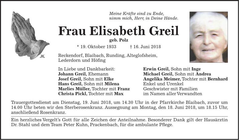 Traueranzeige Elisabeth Greil