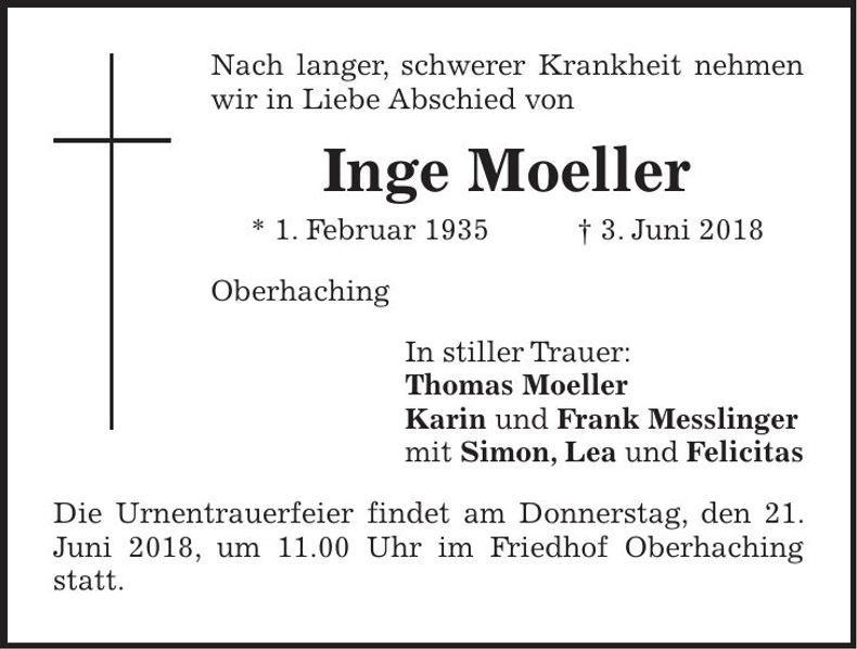 Traueranzeige Inge Moeller