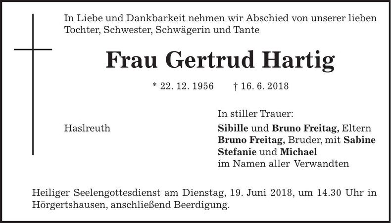 Traueranzeige Gertrud Hartig