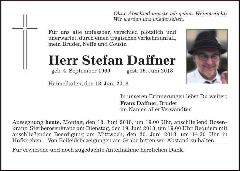 Traueranzeige Stefan Daffner