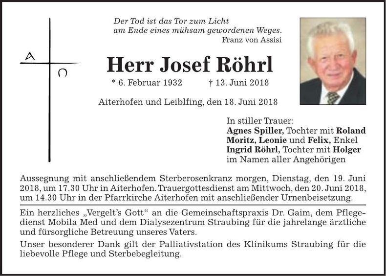 Traueranzeige Josef Röhrl
