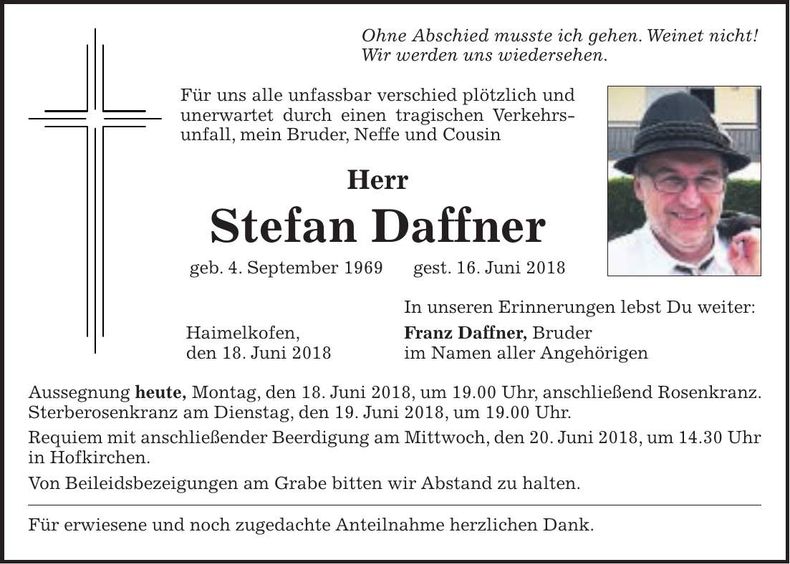 Traueranzeige Stefan Daffner