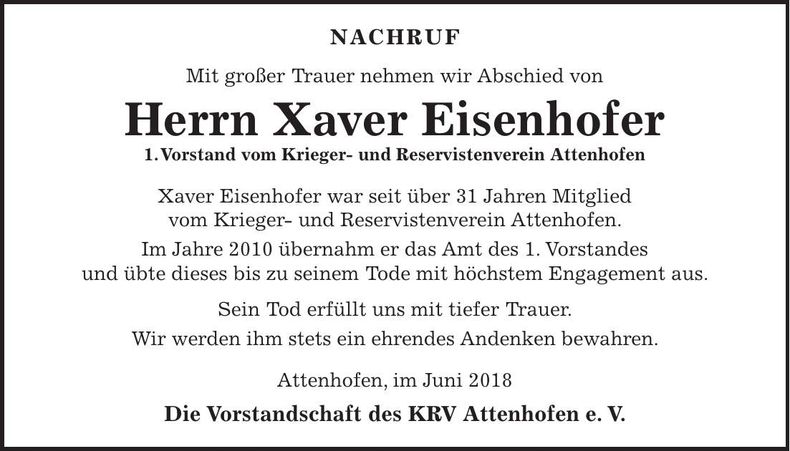 Traueranzeige Xaver Eisenhofer